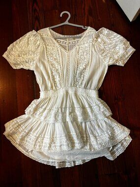 LoveShackFancy White Cotton Eyelet Embroidered Tiered Mini Dress – Lace Inset,